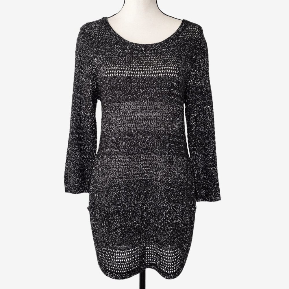 New York & Co Black Metallic Lace Up Extra Long Sweater